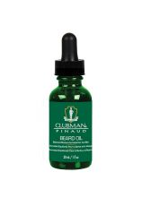 Front view of a gren 1 ounce bootle of Clubman Pinaud Beard Oil with label & twist-off dropper cap for easy application 