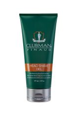 Front view of a green 6 ounce squeeze tube of Clubman Head Shave Gel with silver flip top cap