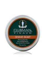 Top view of a  capped 2 ounce tub of Clubman Shave Soap featuring its label