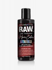 The front face of a black 4-ounce bottle of Punky Raw Demi-Permanent Hair Color Crimson Red 