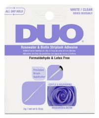 Front view of DUO® Rosewater & Biotin Striplash Adhesive wall-hook ready retail pack with printed label text