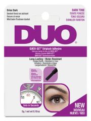 Front view of  Ardell DUO Quick-Set Striplash Adhesive- Dark retail packaging side by side with DUO lash adhesive bottle 