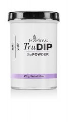 Front view of a  wthite 16 ounce container of EzFlow TruDip Powder Clear printed featuring black cap cover
