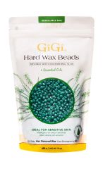 Front view of Hard Wax Beads Infused with Nourishing Aloe pouch packaging with a window showing aloe colored wax granules