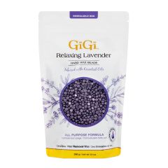 Front view of GiGi Relaxing Lavender Hard Wax Beads pouch packaging with a window showing lavender-colored wax granules