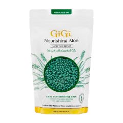 Front view of GiGi Nourishing Aloe Hard Wax Beads pouch packaging with a window showing aloe colored wax granules