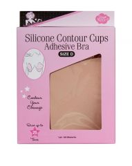 Front view Silicone Contour Cups Adhesive Bra in Size D retail pack with a glimpse of its actual item