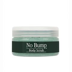 Closeup image of a capped flat canister of No Bump Body Scrub in white background