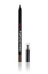 Uncapped Ardell Wanna Get Lucky Gel Liner Teddy Cocoa Brown standing upright with exposed tip side by side with its cap