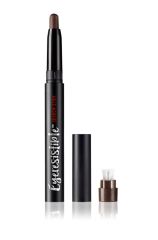 Close-up of an uncapped Ardell Eyeresistible Shadow Stick Do Me Right Rustic Silver standing upright with cap & sharpener
