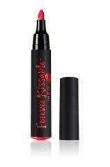 Uncapped Ardell Forever Kissable Lip Stain In Love Coral Red standing upright side by side with its cap