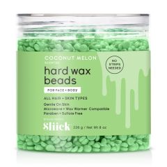A Front View of Sliick Hard Wax Beads, Coconut and Melon Hard Wax Beads container with the lid on
