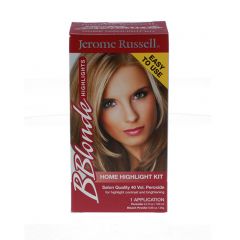 Front view of a red themed B Blonde Highlight Kit retail box featuring model with blonde highlights