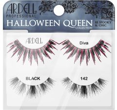 Front view of Ardell Halloween Queen 2 Pack Diva & 142 retail wall hook packaging displaying labelled false lash contents