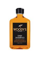 Front view of Woody's Daily Shampoo in a 12-ounce bottle with black cover cap and printed label