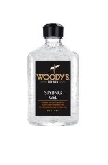 Front view of a 12-ounce Woody's styling gel for men with three different languages on the label