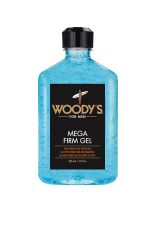 Frontage of Woody's hairstyling Mega Firm gel in a capped 12-ounce bottle with printed label