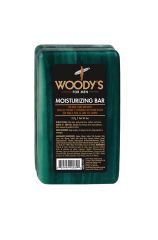 Front view of Woody's Moisturizing bar soap with label and  some text in three different languages