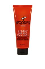 Front facing upright 8 fl oz squeeze tube of Woody's Just 4 Play Hair and Body Wash printed with brand markings
