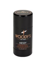 Capped Woody's messy styling stick for hair with label text in three different languages