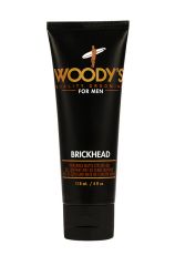 Front view of a black tube-type hair styling gel from Woody's in brick head variant