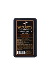 Front view of Woody's Charcoal bar soap with label text