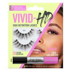 Salon Perfect Vivid-HD 634 Lash (2 Pairs) & Dual Ended 2-IN-1 Liquid Liner + Lash Adhesive, Black/Pink, 0.9oz