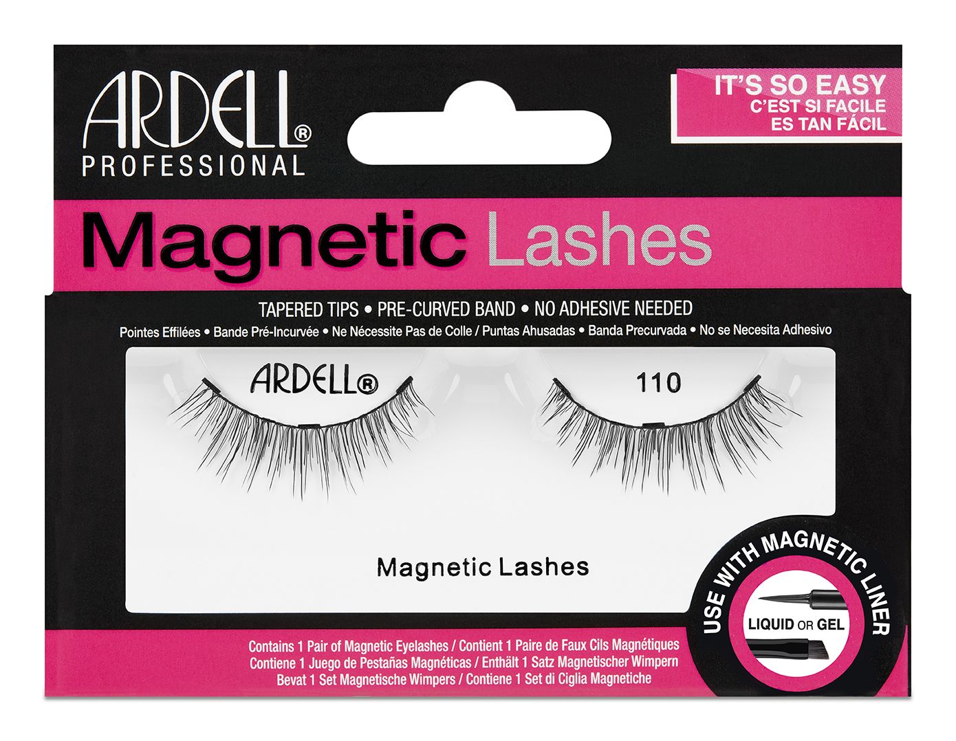 Front view of a single pair of Ardell, Magnetic Lash Singles, 110 upper faux lashes in retail wall hook packaging.