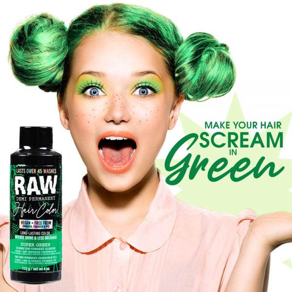 Punky Colour Raw Demi-Permanent Hair Color, Super Green, 4 fl oz.  Rainbow-Hued Brightest Boldest Color Hair Dye