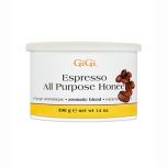 Front view of a 14 ounce can of GiGi Espresso All Purpose Honee featuring product information
