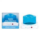 Front view of Clean+Easy Petite wax warmer inside its transparent packaging box with mini pot wax  warmer on the side