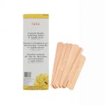 Front view of GiGi Natural Muslin epilating strips and applicator pack with a wooden waxing stick on the side
