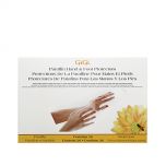 The front side of GiGi Paraffin Protectors (Plastic) 26 count retail box with an illustration of 2 hands using the protector