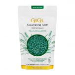Front view of GiGi Nourishing Aloe Hard Wax Beads pouch packaging with a window showing aloe colored wax granules