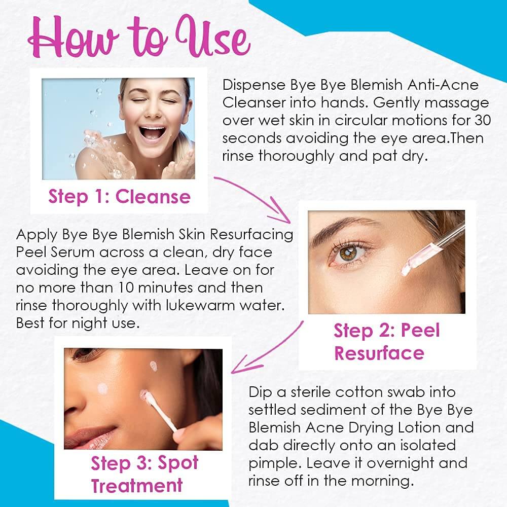 How to use Bye Bye Blemish Hello Clear Skin Set Bundle anti acne menthol drying lotion resurfacing peel serum